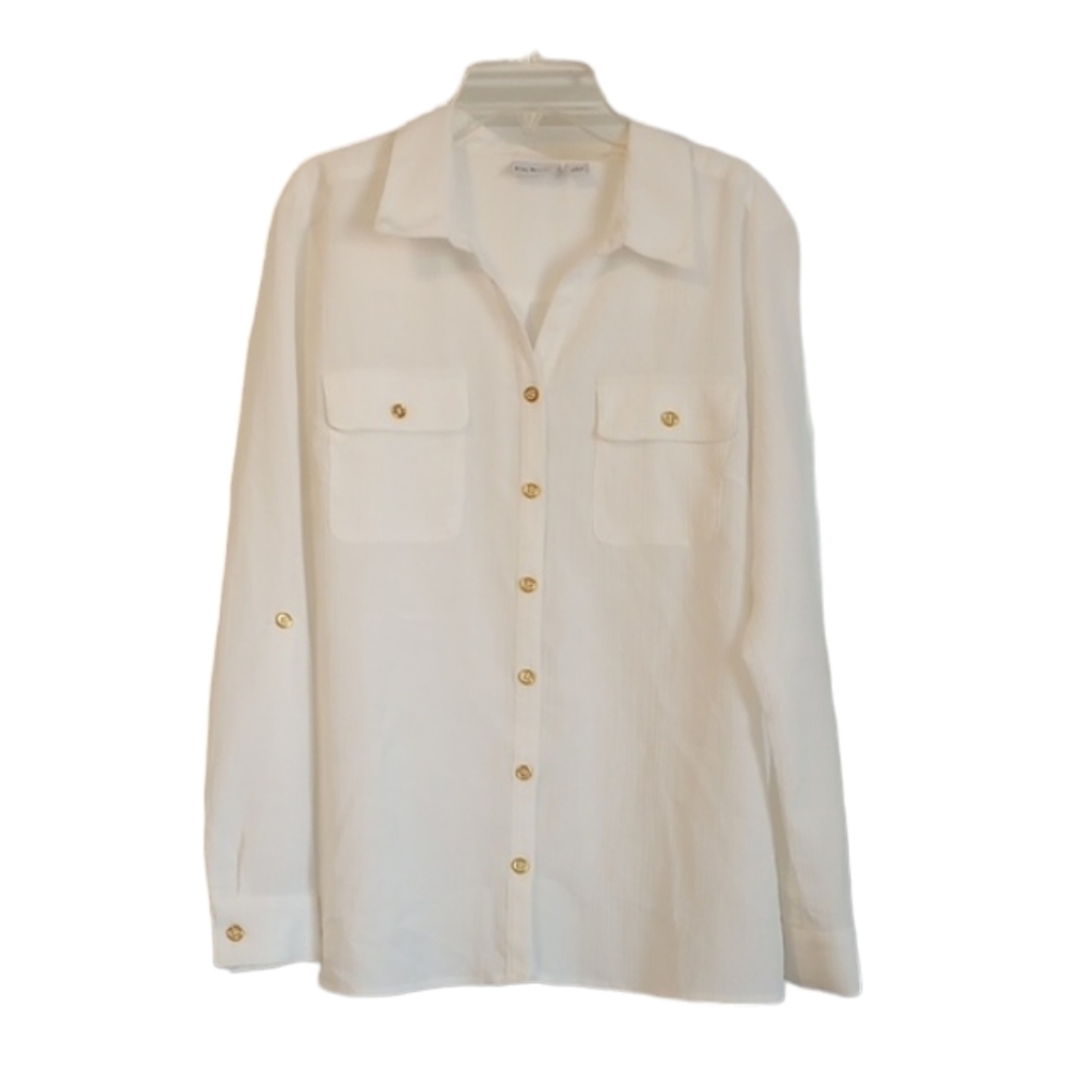 Kim Rogers Womens Button Down Top Sz L White Gold Buttons CottageCore Neutral